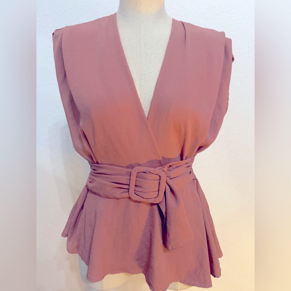 Zara Women's Sleeveless Belted V-Neck Top in Rose Pink Size XSMALL